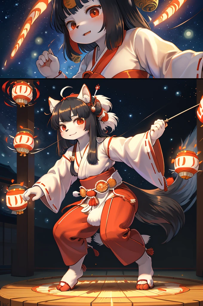 (Gogh style:1.2) , 1 hairy inari girl , Short stature , realistic hairy fur , Straight black Long Hair , Round face, swollen cheeks,round eyes , neat hair ties , Japanese Shrine Maiden Clothing , (dynamic Noh dance action:1.5) , in the Inari Shrine , Sacred offerin , (Fly around Will-o'-the-wisp) , midnight