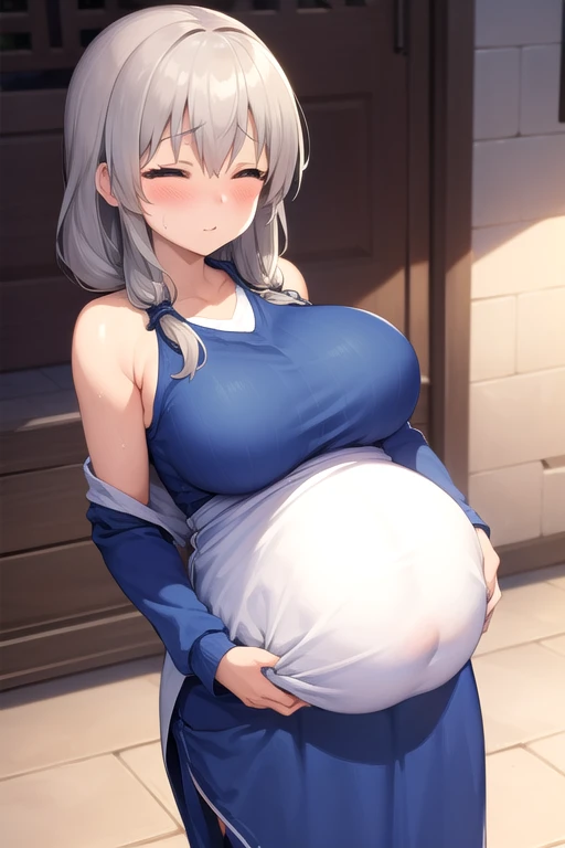 (masterpiece, highest quality)Symmetrical Configuration, Dynamic Angle, whole body,throw, One Girl, uzaki tsuki, Huge breasts, (Blue knit long dress), white long Sweatshirt with v neck, white Sweatshirt, Are standing,throw,Vapors from the body, Sweat,Pregnant women