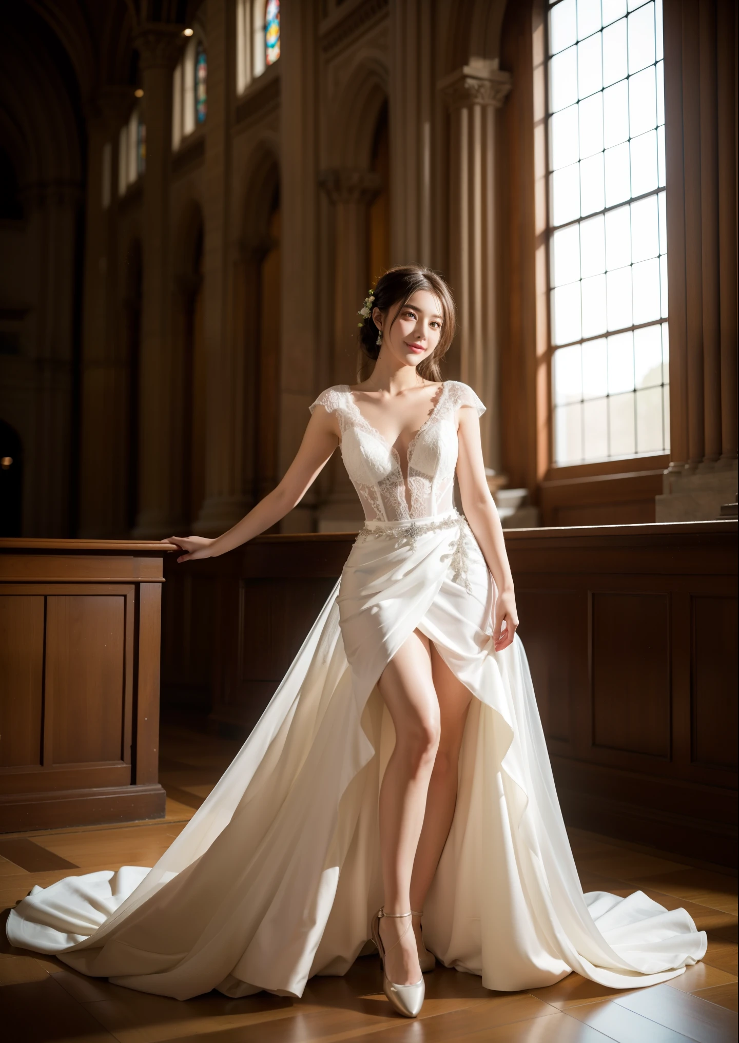 Beautiful 20 year old  woman。She is wearing a wedding dress. She stretches her a arm like a ballet.. She is smiling on illuminated by the evening church lights . romantic sunset. her dark brown hair. High resolution、masterpiece、highest quality、頭w:1.0、((Hasselblad Photos))、fine skin、(movie lighting)、clavicle . full body picture.
