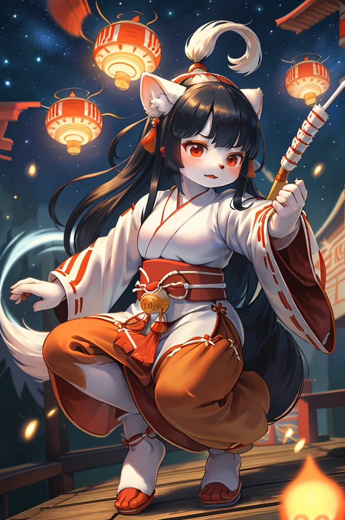 (Gogh style:1.2) , 1 hairy inari girl , Short stature , realistic hairy fur , Straight black Long Hair , Round face, swollen cheeks,round eyes , neat hair ties , Japanese Shrine Maiden Clothing , (dynamic Noh dance action:1.5) , in the Inari Shrine , Sacred offerin , (Fly around Will-o'-the-wisp) , midnight
