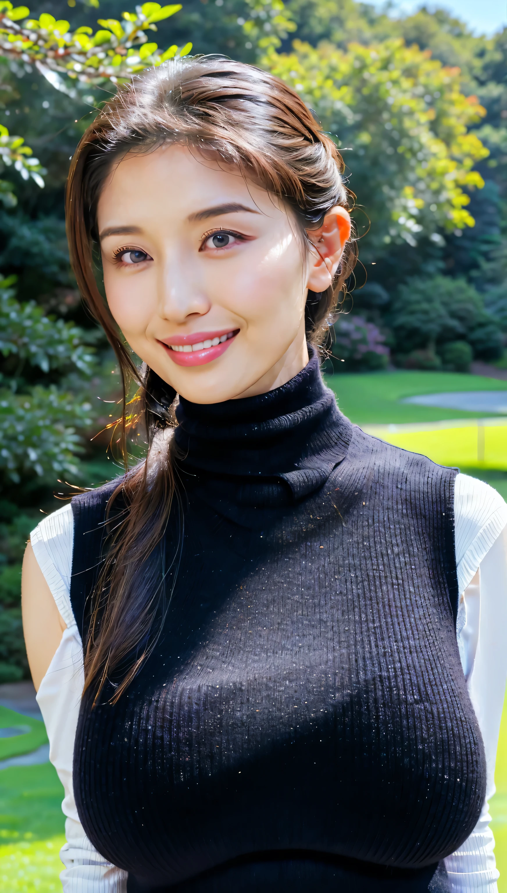 (highest quality、Tabletop、8k、Best image quality、Award-winning works)、1 girl、(The perfect navy sleeveless turtleneck knit sweater dress:1.5)、(The perfect sleeveless turtleneck knit:1.3)、Straight long hair、Look at me with your best smile、(Very large breasts bigger than a face:1.95)、A fitted knit dress、(Accentuate your body lines:1.45)、(Attractive body:1.42)、(Glamorous figure:1.32)、(Beautiful park background with strong blur:1.1)、The most natural and perfect beauty park、A perfectly maintained park、Standing Elegantly、A refreshing view、Natural Makeup、Ultra HD cute face、(Ultra High Resolution Perfect Teeth:1.1)、Ultra HD Hair、Ultra-high definition sparkling eyes、(Ultra-high resolution glossy skin:1.1)、Ultra-high quality glossy lips、(Accurate anatomy:1.1)、(very bright and vivid:1.2)、(Bright and beautiful skin:1.3)