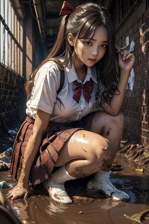 waistband of skirt is at the point above chest , school girl big breast , dirty school girl , skirt dark red , plaid skirt , pleated skirt , Tight shirt , dirty white Shirt , red bow red knot , top-quality、crisp photos、((Brick underground tunnel、Foul-smelling sewer、Littered with filth、Sewage channels full of feces、a lot of garbage and junk、The dirtiest sewer))、Bricks are covered with moss、((beautiful a girl、Constricted waist、Neat face、Most beautiful face 、Refreshing look、Pleasant look、Happy expression、Joy covered in filth、Glad to get dirty))、(Tangier) 、Lying face down on filth、Girl with beautiful ass、Scoop out filth with both hands、Beautiful girl is covered in mud、The joy of lying in dirty sewage))、(((I want to smear filth all over my body.、A large amount of sewage flows down the head、The whole body is full of filth、Stick out your buttocks and open your legs、a large amount of dirty garbage and waste,,、Heaps of garbage)) , white stockings and socks were dirty.