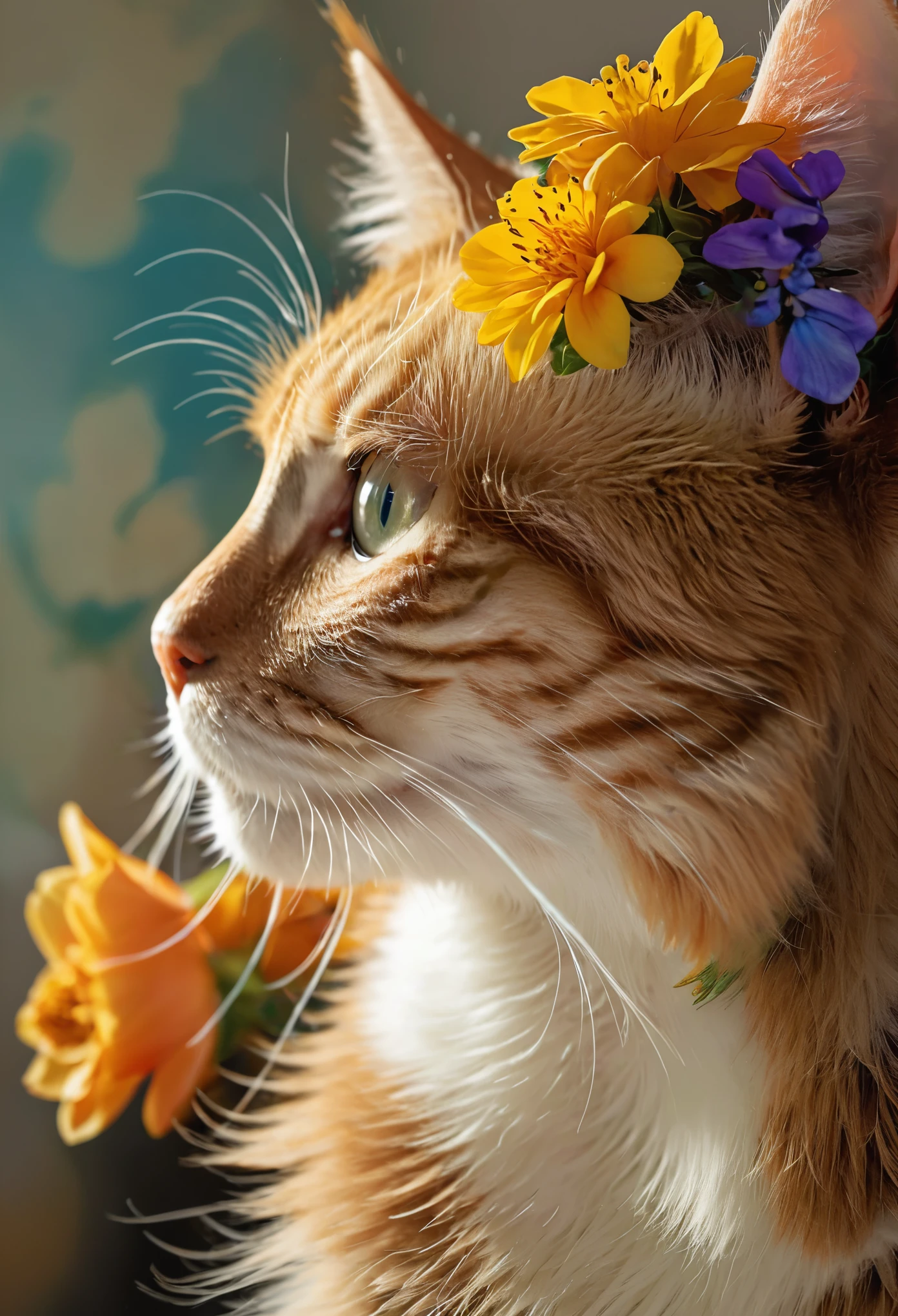 A close-up of a cat's side profile, his hair into flowers, colorfulProfile view, Double exposure