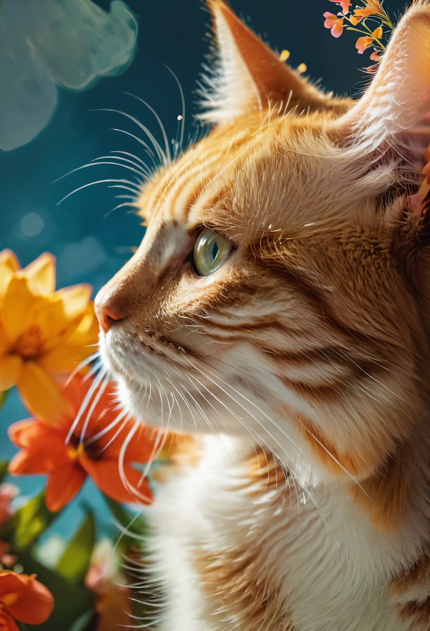 A close-up of a cat's side profile, his hair into flowers, colorfulProfile view, Double exposure