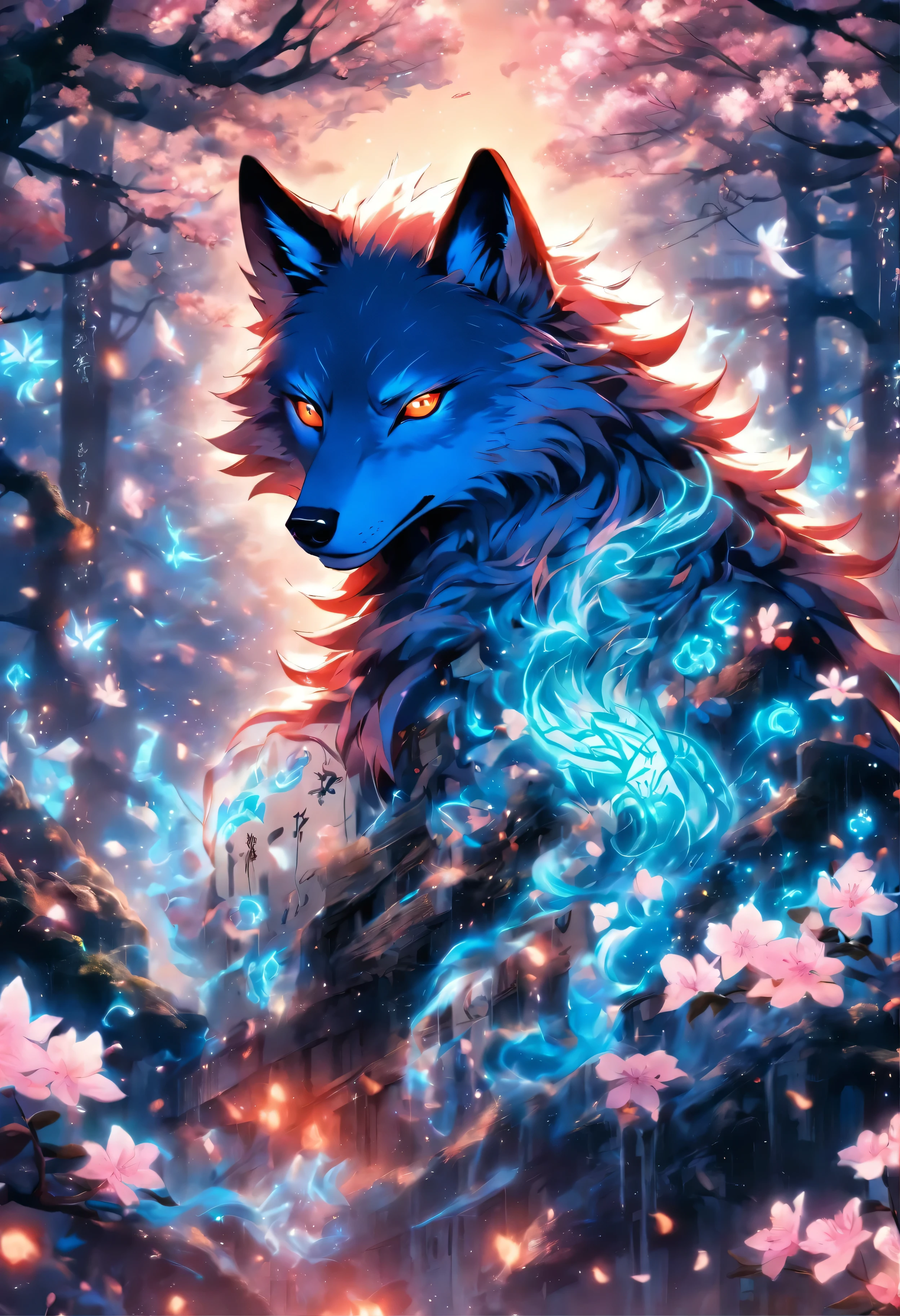 The most beautiful and enchanted wolf spirit, white hair, Strahlend blaue Augen, jede Menge Tattoos und Piercings, In the most beautiful enchanted forest, Graffiti und Kanji-Elemente im Hintergrund, Cherry blossoms blow in the wind, sehr detailliert, perfektes Meisterwerk, good quality, high resolution
