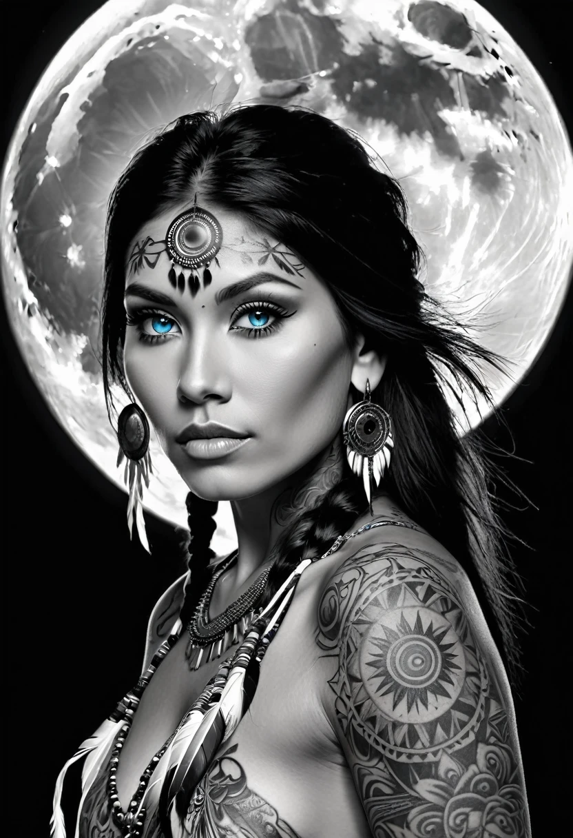 A beautiful Native American woman with tattoos and a full moon in black and white background only blue eyes 