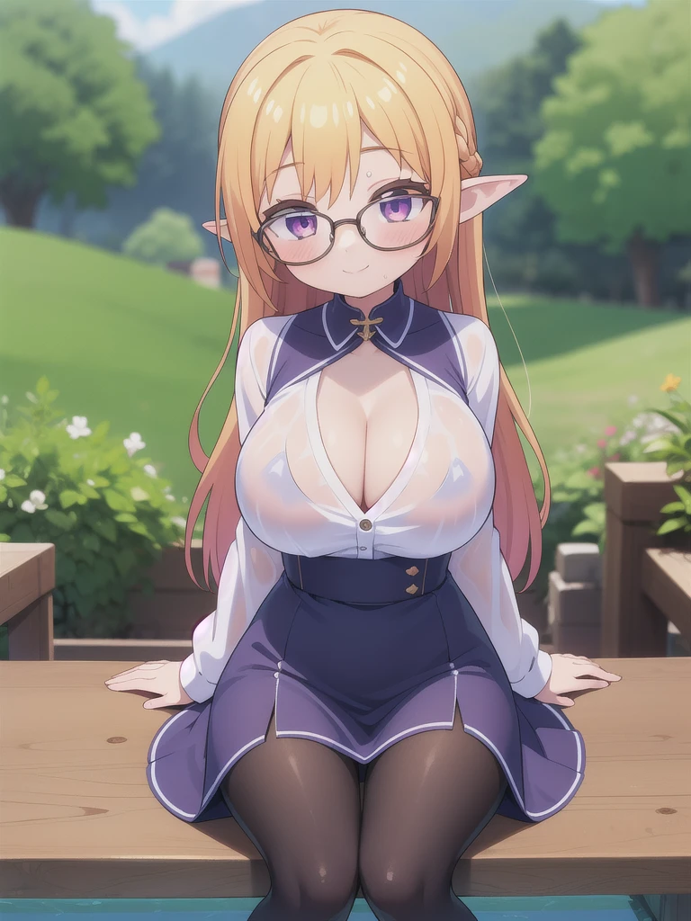 master-piece, bestquality, 1girls,, View viewers from the up, sit down, horny, HD, slight smile, big tits, cleavage, rainbow hair, tights cloth, shirt, heart shape pupille, horn, tiny body, wear glasses, wet, elf ear,