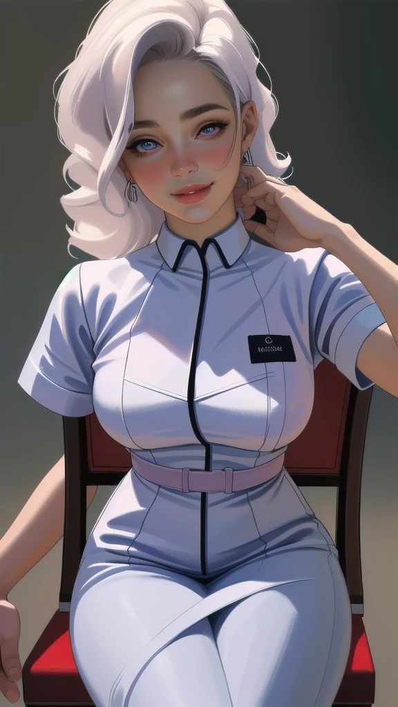 (best quality,4k,8k,highres,masterpiece:1.2),ultra-detailed,(realistic,photorealistic,photo-realistic:1.37),nurse costume,beautiful detailed eyes,beautiful detailed lips,extremely detailed eyes and face,longeyelashes,friendly smile,thick body,sit on chair,hold syringe,soft lighting,traditional oil painting style,vivid colors,soft pastel color palette