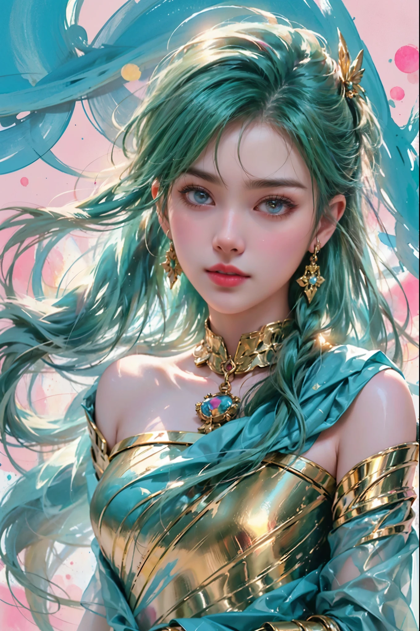 This artwork masterfully fuses different artistic styles, resulting in a truly unforgettable and conceptual masterpiece. The piece features an alluring woman's face, draped in teal-blue fabric, with only her captivating sea-green eyes and dark brows visible. She gazes at the viewer with a heartwarming expression. The artwork is a blend of alcohol ink, watercolor, and drawing, featuring energetic width strokes, disarrayed abstract splashes, and splatters. Gold lines add a touch of elegance, while gentle lighting and shadows create a sense of depth and dimensionality. The muted rainbow gradients evoke a dreamy, romantic, and serene atmosphere. The piece incorporates elements of cubism, pigment, stroke, composition, mixed media, texture, contrast, and depth, showcasing the artist's creativity and imagination. The artwork is presented, vibrant.