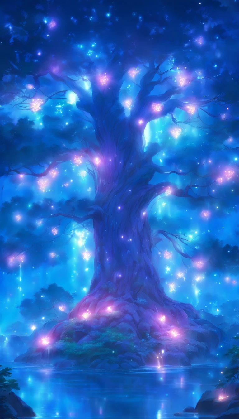 a painting of a tree with lights in the branches, concept art by Yang J, trending on cgsociety, fantasy art, magical tree, fantasy gorgeous lighting, very magical and dreamy, magical atmosphere, . ethereal lights, magical environment, magic tree, enchanted and magic forest, enchanted magical fantasy forest, fantasy tree, magical fantasy forest, very beautiful fantasy art, fairy atmosphere