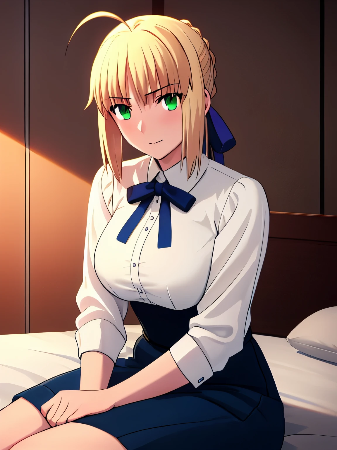 Best_quality, masterpiece, highres, detailed, detailed_background, ray_tracing_graphic, solo, adult_female, {saber_fatestaynightufotable:1.15}, blonde_hair, little_ahoge, detailed_green_eyes, blue_ribbon, 1girl, anime_coloring, detailed_face, happy_face, five_fingers, blush, large_breasts, white_shirt, blue_skirt, from_the_front, sit, bed, dark_room, night_time, looking_at_viewer, oily_skin, detailed_skin, detailed_texture