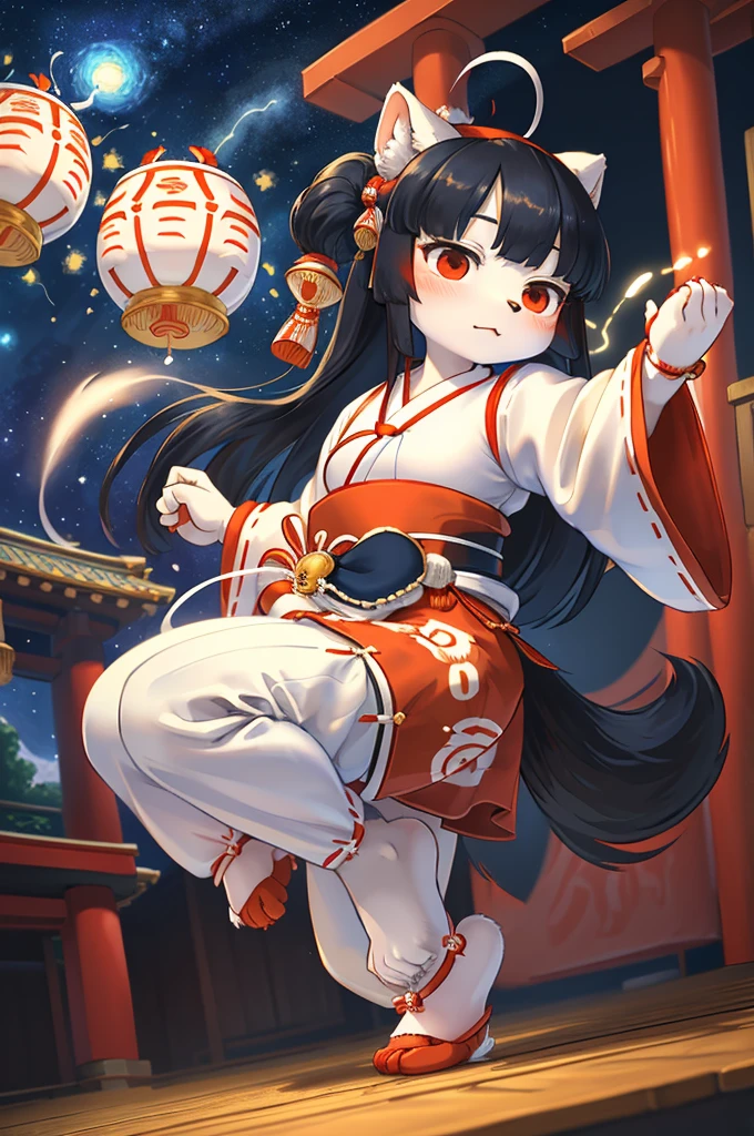 (Gogh style:1.2) , 1 hairy inari girl and 1 ogres , Short stature , realistic hairy fur , Straight black Long Hair , Round face, swollen cheeks,round eyes , neat hair ties , Japanese Shrine Maiden Clothing , (dynamic Noh dance action:1.5) , in the Inari Shrine , Sacred offerin  , (Fly around Will-o'-the-wisp) , midnight