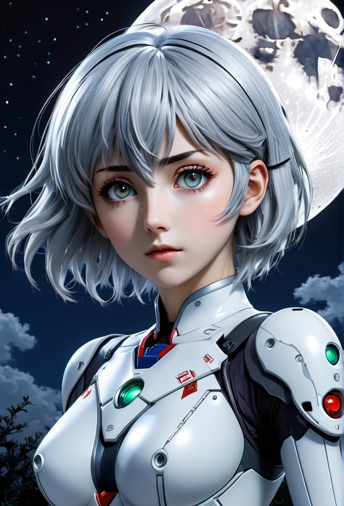 a photograph of Ayanami Rei with big silverish full moon in background, realistic style, masterpiece, insanely detailed and intricate, RAW, high resolution