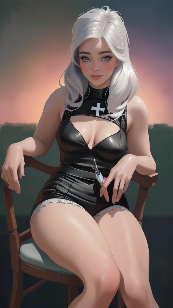 (best quality,4k,8k,highres,masterpiece:1.2),ultra-detailed,(realistic,photorealistic,photo-realistic:1.37),black nurse costume,beautiful detailed eyes,beautiful detailed lips,extremely detailed eyes and face,longeyelashes,friendly smile,thick body,sit on chair,hold syringe,soft lighting,traditional oil painting style,vivid colors,soft pastel color palette