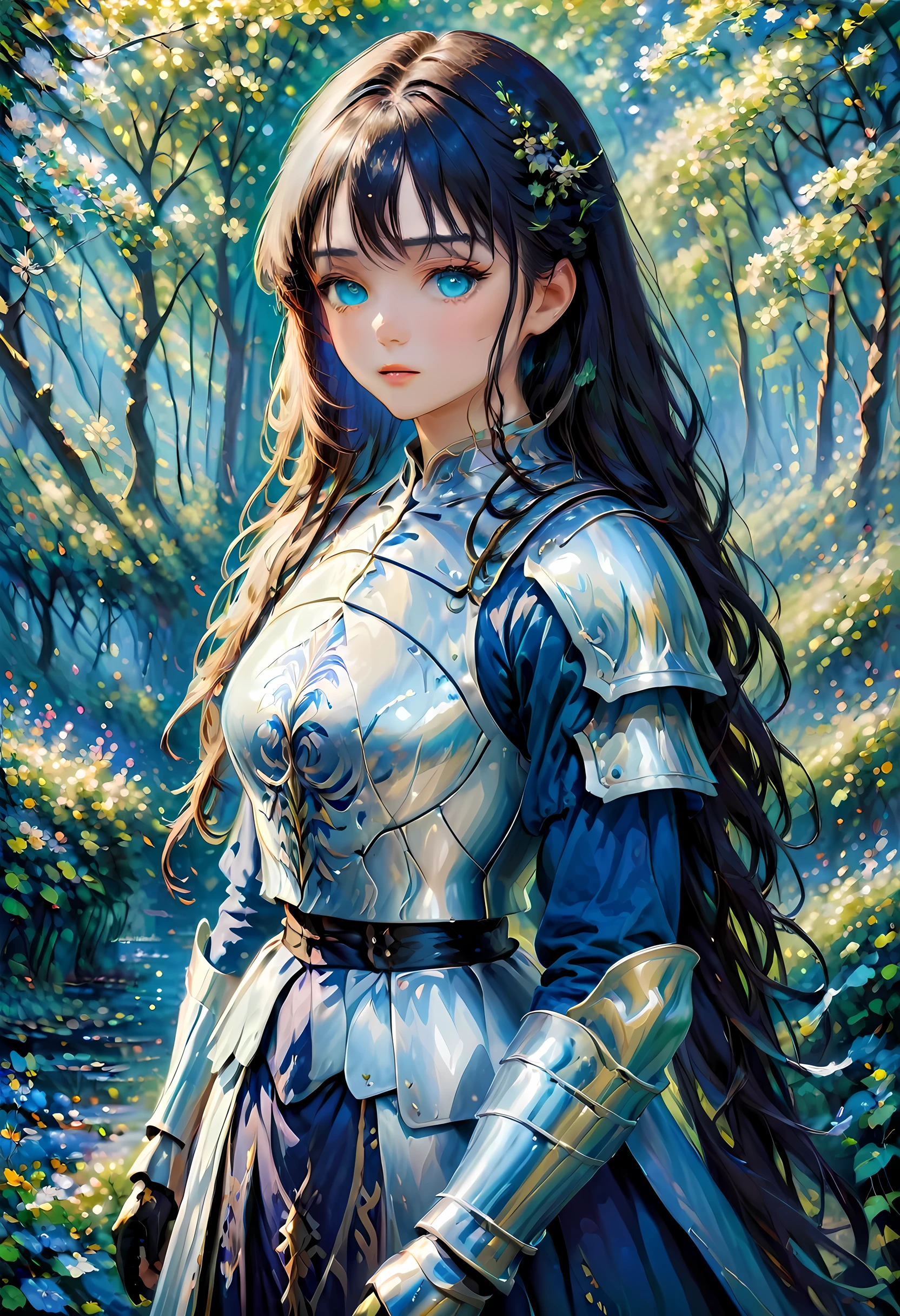 (Claude Monet Style:1.5) Claude_Monet style painting, a picture of woman paladin of nature protecting the forest, a woman knight, black hair, long hair, full body (best details, Masterpiece, best quality :1.5), ultra detailed face (best details, Masterpiece, best quality :1.5), ultra feminine (best details, Masterpiece, best quality :1.5), black hair, long hair, braided hair, pale skin, (deep blue: 1.2) eyes, intense eyes, wearying heavy armor, white armor (best details, Masterpiece, best quality :1.5), green cloak, armed with a sword, glowing sword GlowingRunes_green, fantasy forest background, D&D art, RPG art, magical atmosphere magic-fantasy-forest, ultra best realistic, best details, best quality, 16k, [ultra detailed], masterpiece, best quality, (extremely detailed), ultra wide shot, photorealism, depth of field, hyper realistic painting, ArmoredDress