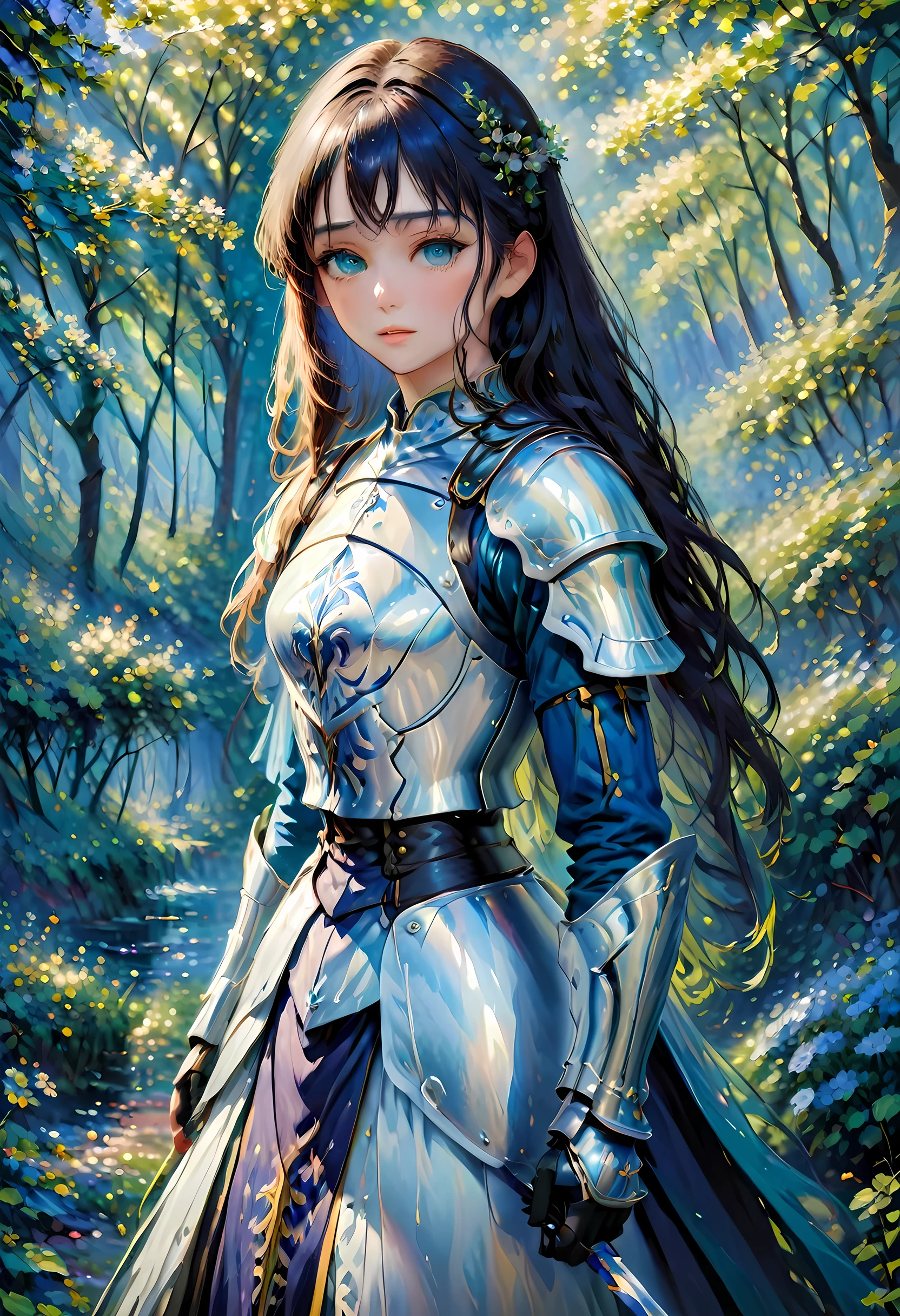 (Claude Monet Style:1.5) Claude_Monet style painting, a picture of woman paladin of nature protecting the forest, a woman knight, black hair, long hair, full body (best details, Masterpiece, best quality :1.5), ultra detailed face (best details, Masterpiece, best quality :1.5), ultra feminine (best details, Masterpiece, best quality :1.5), black hair, long hair, braided hair, pale skin, (deep blue: 1.2) eyes, intense eyes, wearying heavy armor, white armor (best details, Masterpiece, best quality :1.5), green cloak, armed with a sword, glowing sword GlowingRunes_green, fantasy forest background, D&D art, RPG art, magical atmosphere magic-fantasy-forest, ultra best realistic, best details, best quality, 16k, [ultra detailed], masterpiece, best quality, (extremely detailed), ultra wide shot, photorealism, depth of field, hyper realistic painting, ArmoredDress