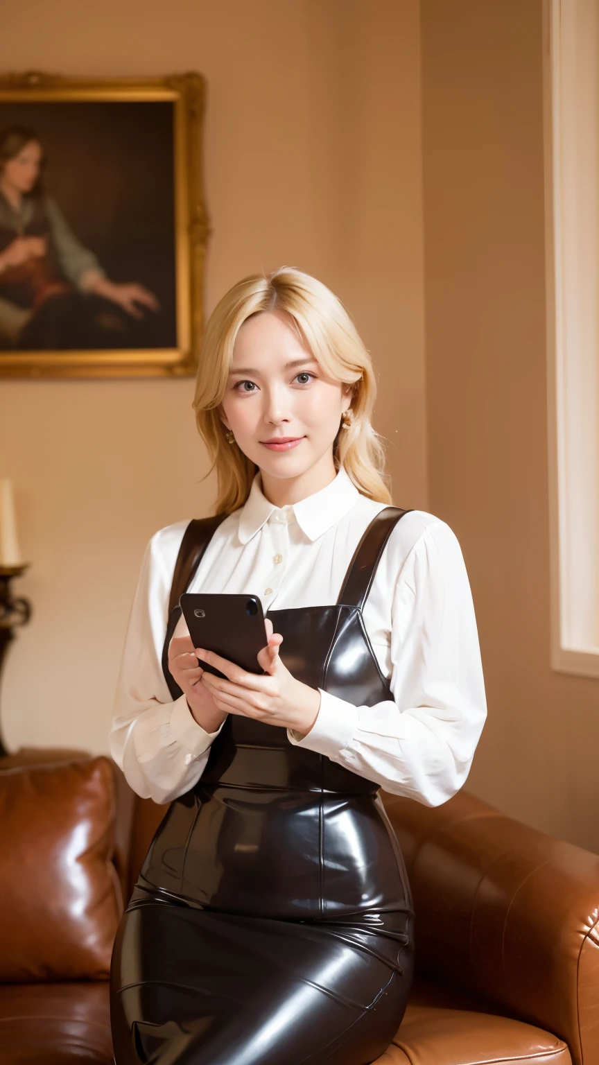 Portrait of a 48-year-old blonde French woman, 1940, Period costume, Genuine Leather, Sit down and take a selfie like you would with a smartphone, (Living room with period furniture, Calm, soft light: 1.2)