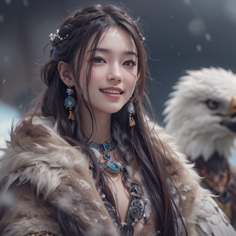 Hiding in the snowy mountains、Hair flow、 ((highest quality、masterpiece、8k、Best image quality、Ultra-high resolution、Award-winning works)、(Accurate anatomy:1.1)、(Look at me and smile:1.1)、Shining fair skin with Ultra-high resolution、The most detailed face、Ultra-high resolution detailed face、Ultra-high resolutionの髪の毛、(Ultra-high resolutionの煌めく瞳:1.1)、Beautiful face drawn in every detail、(Blurred Background:1.1)、Ancient Inuit clothing, Chest to chest, tattoo, Old ruins in the background、Apart from the real giant eagle