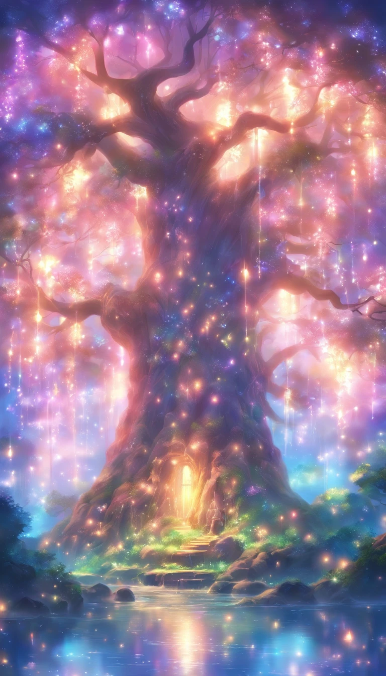 a painting of a tree with lights in the branches, concept art by Yang J, trending on cgsociety, fantasy art, magical tree, fantasy gorgeous lighting, very magical and dreamy, magical atmosphere, . ethereal lights, magical environment, magic tree, enchanted and magic forest, enchanted magical fantasy forest, fantasy tree, magical fantasy forest, very beautiful fantasy art, fairy atmosphere,1girl