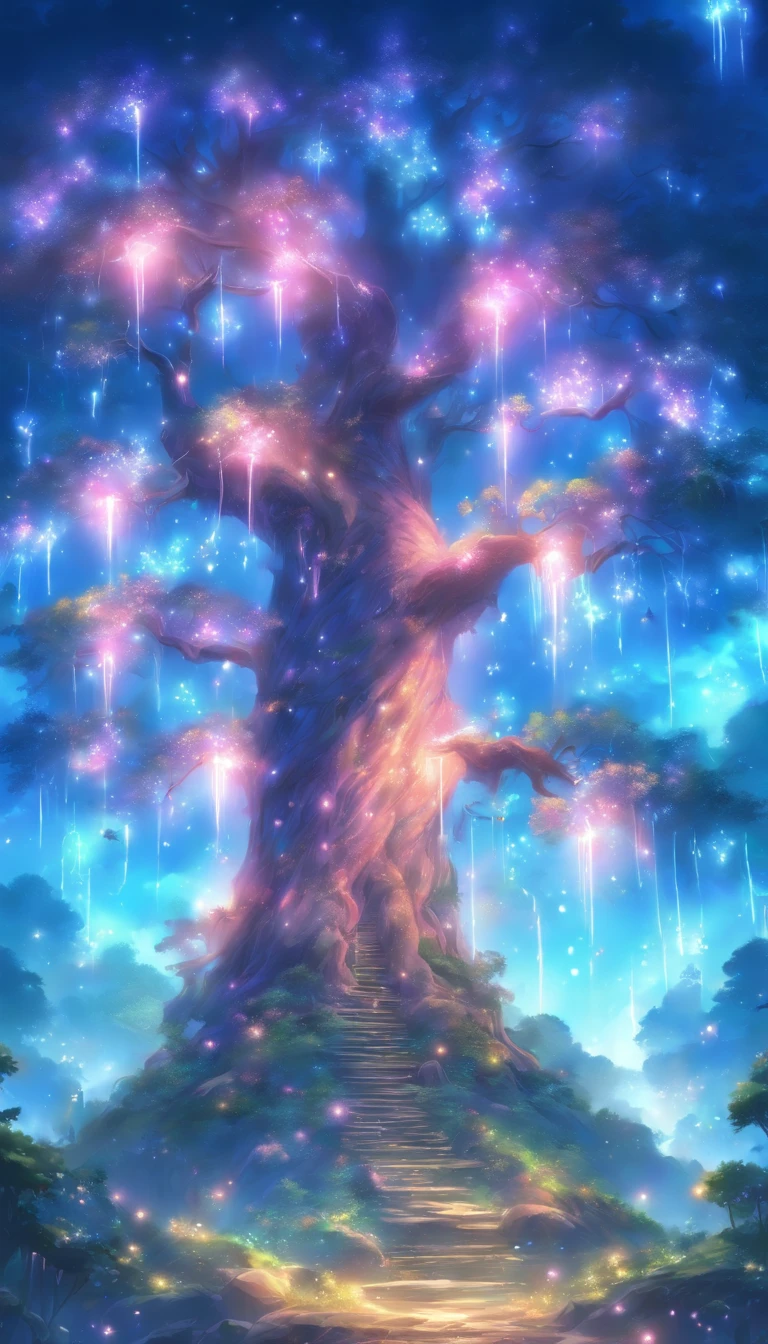 a painting of a tree with lights in the branches, concept art by Yang J, trending on cgsociety, fantasy art, magical tree, fantasy gorgeous lighting, very magical and dreamy, magical atmosphere, . ethereal lights, magical environment, magic tree, enchanted and magic forest, enchanted magical fantasy forest, fantasy tree, magical fantasy forest, very beautiful fantasy art, fairy atmosphere,1girl