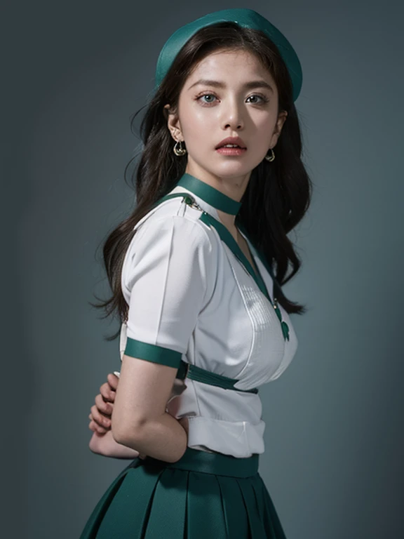 space background, ((HD Real, SAMA1 level)), Extreme Real, masterpiece, 最high quality, high quality, SAMA1, space, Amazing beauty, whole body, 1 girl, Large Breasts, Big Breasts、Chest、Wide Hips、Defeated heroine、Put your arms behind your back、alone, Sailor Neptune, Aqua blue eyes, Tattered and ripped uniform, View your viewers, Torn uniform, Underwear is visible、(RAW Photos, 最high quality), masterpiece, Floating dark green hair, green sailor collar, choker, Gloves, green choker, el Bowing gloves, Jewelry store, Earrings, green
