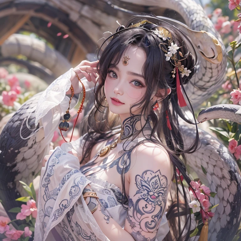 Hiding in an ancient shrine、Hair flow、 ((highest quality、masterpiece、8k、Best image quality、Ultra-high resolution、Award-winning works)、(Accurate anatomy:1.1)、(Look at me and smile:1.1)、Shining fair skin with Ultra-high resolution、The most detailed face、Ultra-high resolution detailed face、Ultra-high resolutionの髪の毛、(Ultra-high resolutionの煌めく瞳:1.1)、Beautiful face drawn in every detail、(Blurred Background:1.1)、Ancient maiden costume, Chest to chest, tattoo、With a huge white snake at his side