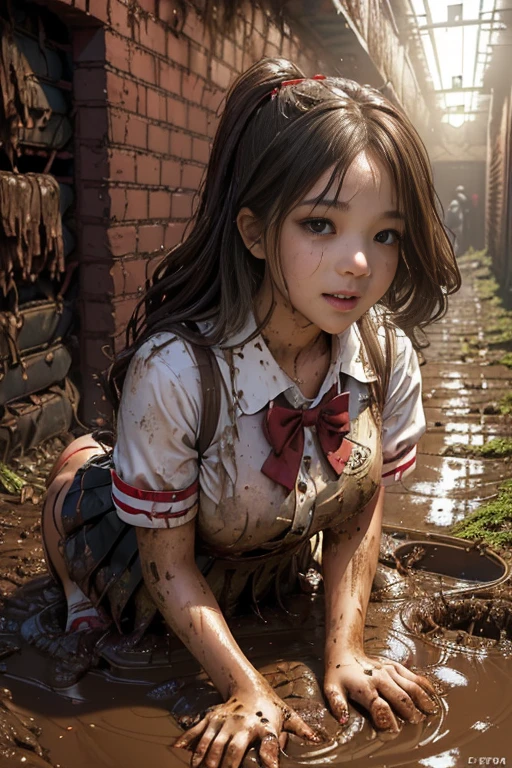 school girl uniform , red knot , red bow , pleated skirt , dirty white Shirt , realisitic、top-quality、crisp photos、((Brick underground tunnel、Foul-smelling sewer、Littered with filth、Sewage channels full of feces、a lot of garbage and junk、The dirtiest sewer))、Bricks are covered with moss、((beautiful a girl、Constricted waist、Neat face、Most beautiful face、Elaborate face、dense dirty brown hair、Refreshing look、Pleasant look、Happy expression、Joy covered in filth、Glad to get dirty))、(school girl uniform、Tangier、blondehair)、((long and beautiful legs are dirty、Lying face down on filth、Girl with beautiful ass、Scoop out filth with both hands、Beautiful girl's hair is covered in mud、The joy of lying in dirty sewage))、(((I want to smear filth all over my body.、Your hair is muddy with a large amount of filth、full body muddy、Beautiful girl burying her face in filth、Beautiful lying on a pile of dirty garbage、Super large amount of dirty garbage、Dirty waste)))