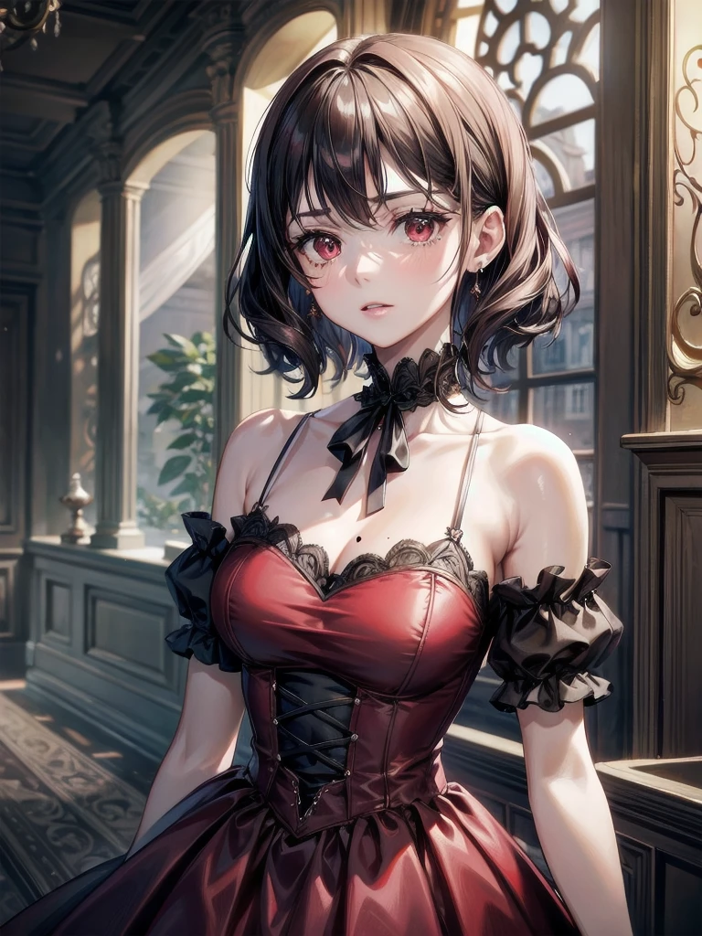 Victorian, dress, Melancholy, marron marron, absurdres, RAW photo, extremely delicate and beautiful, masterpiece, Best Quality, ultra high resolution, 32k, hyperrealistic, ultra-detailed, detailed description, pale skin, 20 years old, tearful mole, earring, short medium hair, wavy hair, whole body shot, legs, Red eyes,