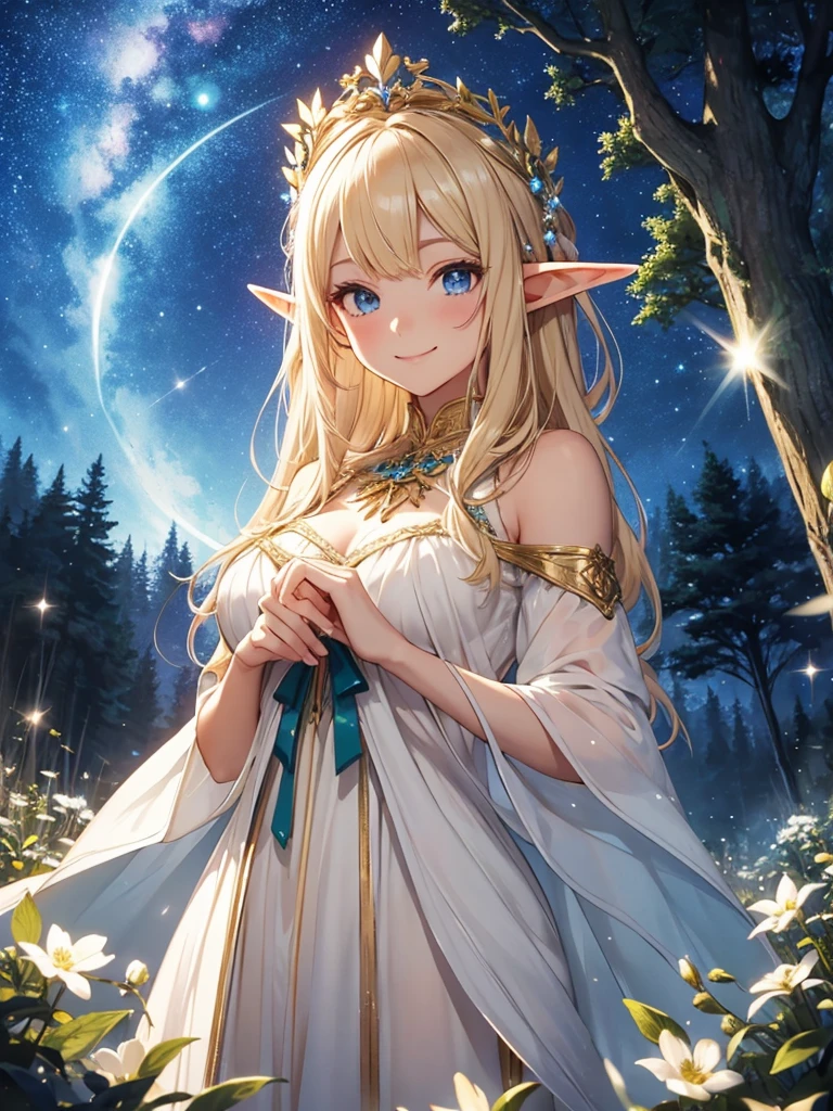 Elf Beautiful dress Light Blonde smile forest magic Masterpiece Night Starry Sky magic
