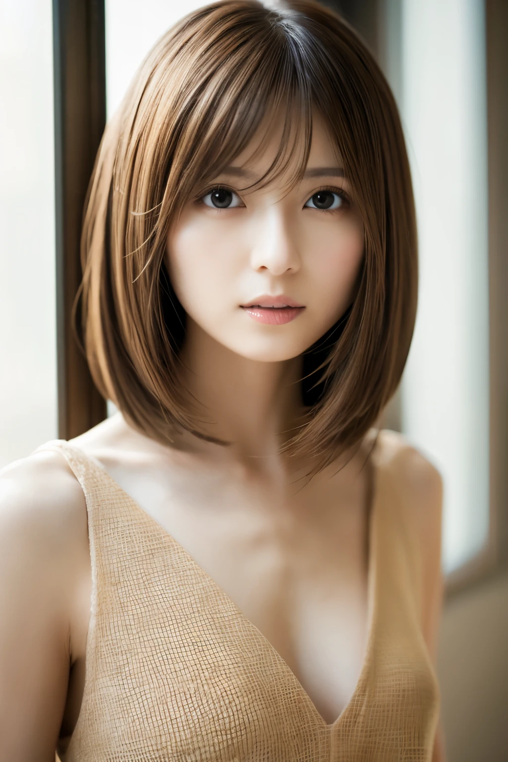 Top quality, realistic, perfect human body structure, very detailed, very delicate and beautiful, RAW photography, professional lighting, luminescence, depth of field, single focal, full body, Skinny Japanese lady, 30 years old lady, brown hair, small head, beautiful eyes, real face, realistic skin, detailed eyes, (fashionable hairstyle: 1.3),