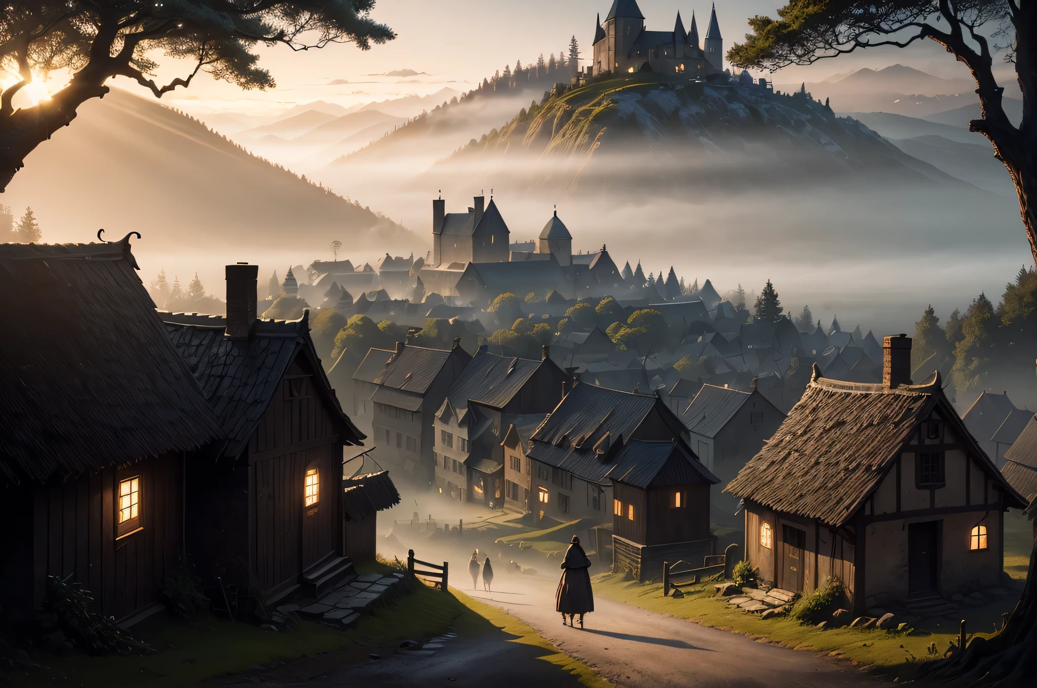 realistic escuro oil painting of a medieval village at sunrise, musgoso, mist, enevoado, sombras, misterious, mythical, poucas pessoas andando na estrada, escuro, Rays of light shine through the forest, ambient, profundidade de campo, volumetric lighting, cinematic lighting, temperamental, heavy escuroness, black sky, low angle perspective, por Eyvind Earle