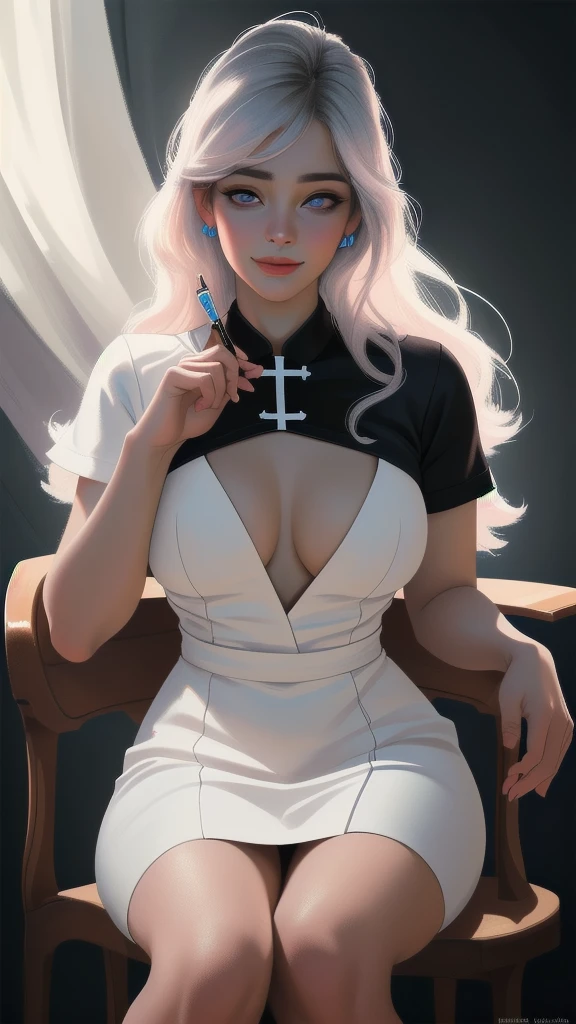 (best quality,4k,8k,highres,masterpiece:1.2),ultra-detailed,(realistic,photorealistic,photo-realistic:1.37),black nurse costume,beautiful detailed eyes,beautiful detailed lips,extremely detailed eyes and face,longeyelashes,friendly smile,thick body,sit on chair,hold syringe,soft lighting,traditional oil painting style,vivid colors,soft pastel color palette