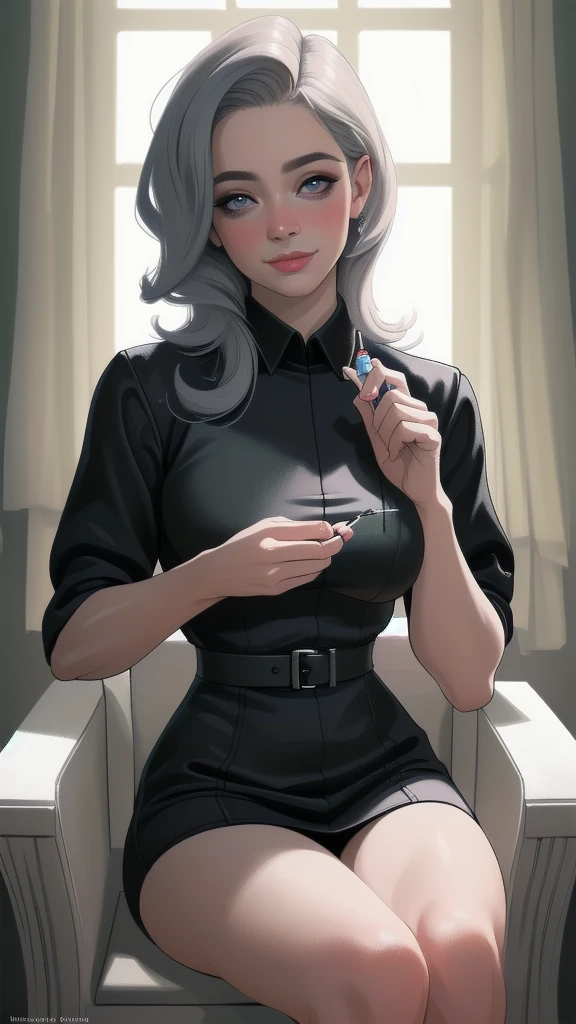 (best quality,4k,8k,highres,masterpiece:1.2),ultra-detailed,(realistic,photorealistic,photo-realistic:1.37),black nurse costume,beautiful detailed eyes,beautiful detailed lips,extremely detailed eyes and face,longeyelashes,friendly smile,thick body,sit on chair,hold syringe,soft lighting,traditional oil painting style,vivid colors,soft pastel color palette