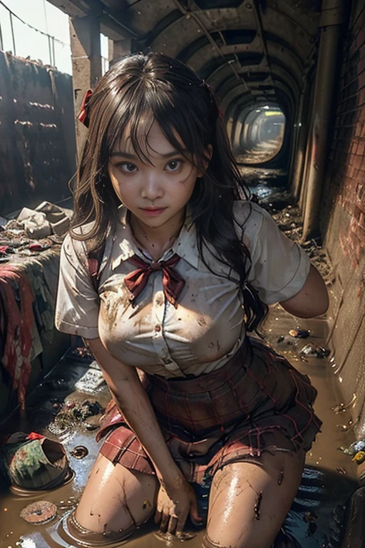 waistband of skirt is at the point above chest , school girl big breast , red knot , red bow , skirt dark red , plaid skirt , pleated skirt , dirty white Shirt , realisitic、top-quality、crisp photos、((Brick underground tunnel、Foul-smelling sewer、Littered with filth、Sewage channels full of feces、a lot of garbage and junk、The dirtiest sewer))、Bricks are covered with moss、((beautiful a girl、Constricted waist、Neat face、Most beautiful face、Elaborate face、dense dirty brown hair、Refreshing look、Pleasant look、Happy expression、Joy covered in filth、Glad to get dirty))、(dirty school girl uniform、Tangier、brawn hair)、Lying face down on filth、Girl with beautiful ass、Scoop out filth with both hands、Beautiful girl's hair is covered in mud、The joy of lying in dirty sewage))、(((I want to smear filth all over my body.、A large amount of sewage flows down the head、The whole body is full of filth、Stick out your buttocks and open your legs、a large amount of dirty garbage and waste,,、Heaps of garbage))