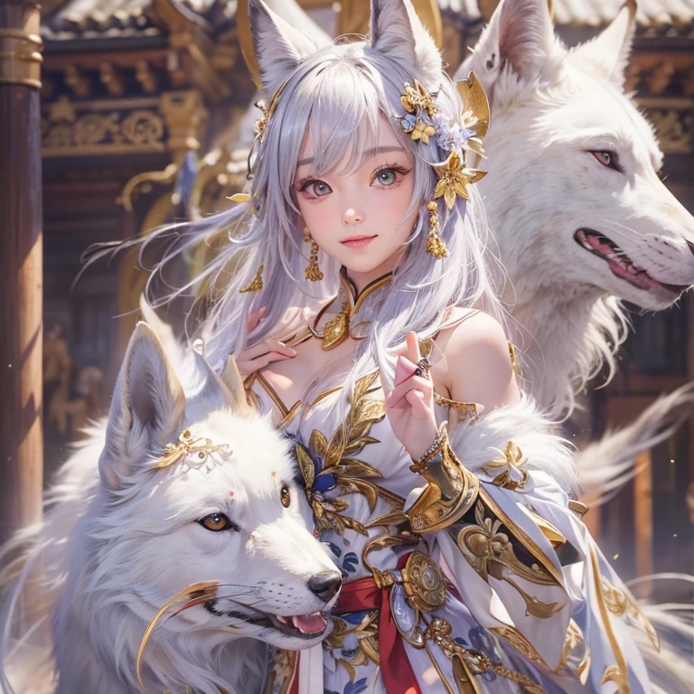 Hiding in an ancient shrine、Hair flow、 ((highest quality、masterpiece、8k、Best image quality、Ultra-high resolution、Award-winning works)、(Accurate anatomy:1.1)、(Look at me and smile:1.1)、Shining fair skin with Ultra-high resolution、The most detailed face、Ultra-high resolution detailed face、Ultra-high resolutionの髪の毛、(Ultra-high resolutionの煌めく瞳:1.1)、Beautiful face drawn in every detail、(Blurred Background:1.1)、Ancient maiden costume, Chest to chest, tattoo、Other than white fox