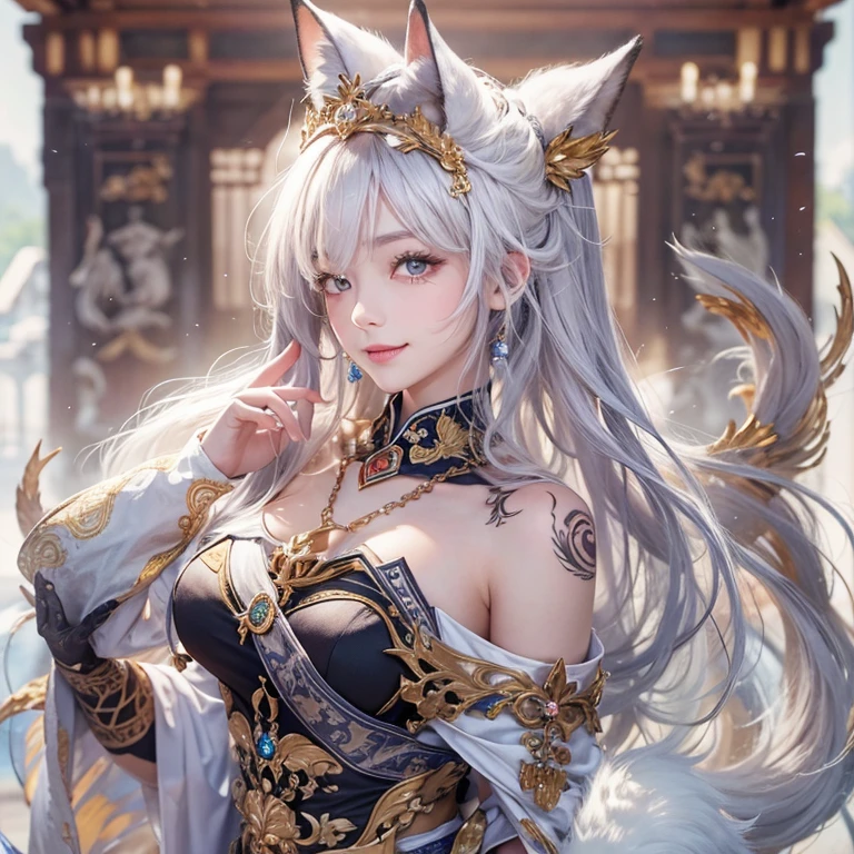 Hiding in an ancient shrine、Hair flow、 ((highest quality、masterpiece、8k、Best image quality、Ultra-high resolution、Award-winning works)、(Accurate anatomy:1.1)、(Look at me and smile:1.1)、Shining fair skin with Ultra-high resolution、The most detailed face、Ultra-high resolution detailed face、Ultra-high resolutionの髪の毛、(Ultra-high resolutionの煌めく瞳:1.1)、Beautiful face drawn in every detail、(Blurred Background:1.1)、Ancient maiden costume, Chest to chest, tattoo、Other than white fox