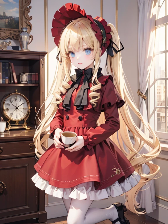 masterpiece, highest quality, Very detailed, 16k, Ultra-high resolution, Cowboy Shot, One ****************, Detailed face, Perfect Fingers, Golden Eyes, Blonde,  Original Costume, Twin tails, bonnet、Red dress、White pantyhose cup、Black shoes, Western-style building, In a room with a big clock