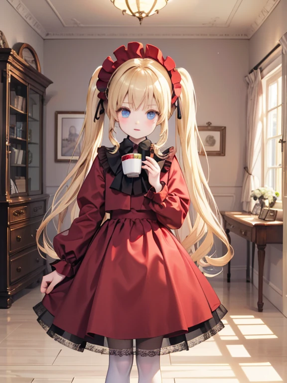 masterpiece, highest quality, Very detailed, 16k, Ultra-high resolution, Cowboy Shot, One -yeld gi Detailed face, Perfect Fingers, Golden Eyes, Blonde,  Original Costume, Twin tails, bonnet、Red dress、White pantyhose cup、Black shoes, Western-style building, In a room with a big clock