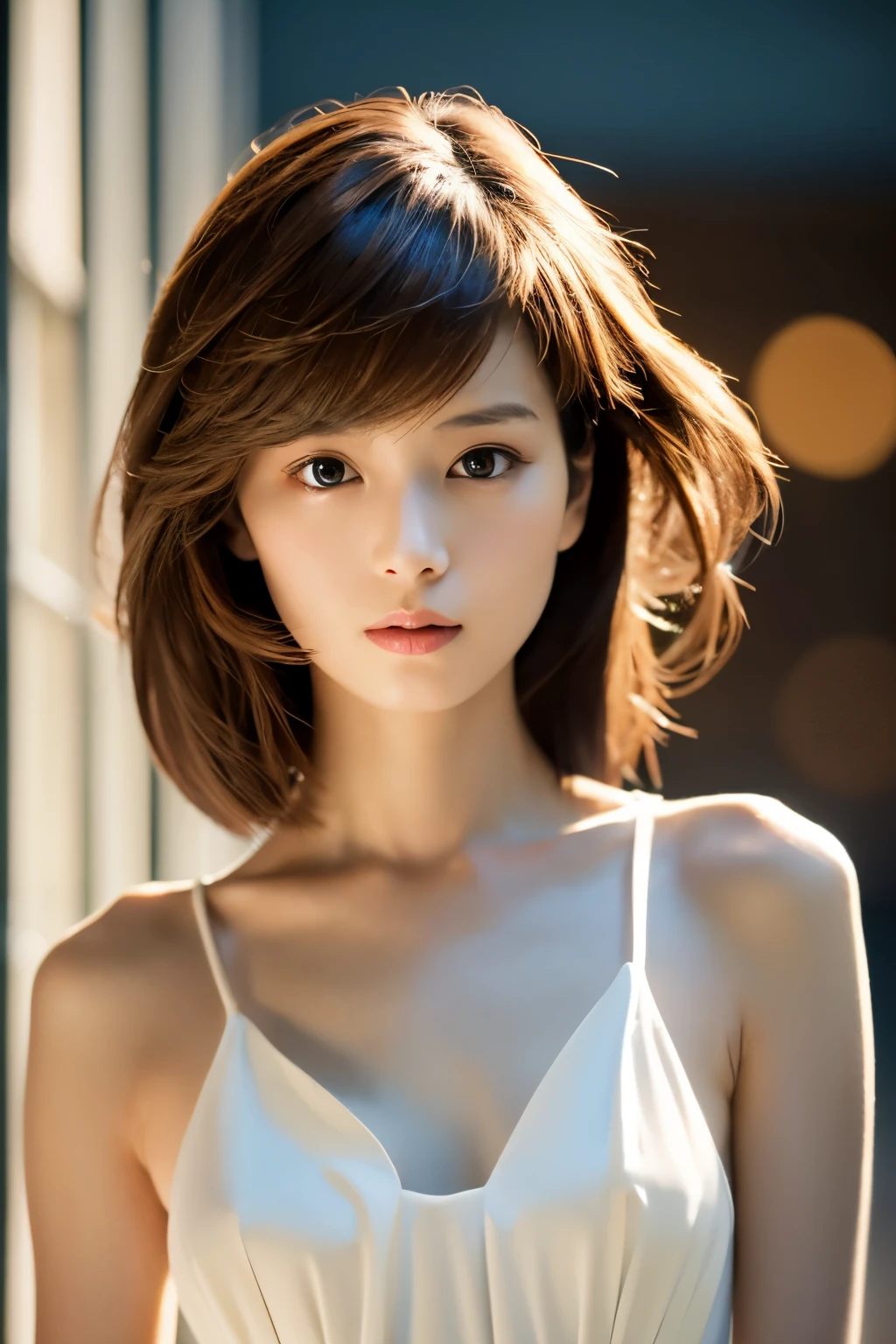 Top quality, realistic, perfect human body structure, very detailed, very delicate and beautiful, RAW photography, professional lighting, luminescence, depth of field, single focal, full body, Skinny Japanese lady, 30 years old lady, brown hair, small head, beautiful eyes, real face, realistic skin, detailed eyes, (fashionable hairstyle: 1.3),