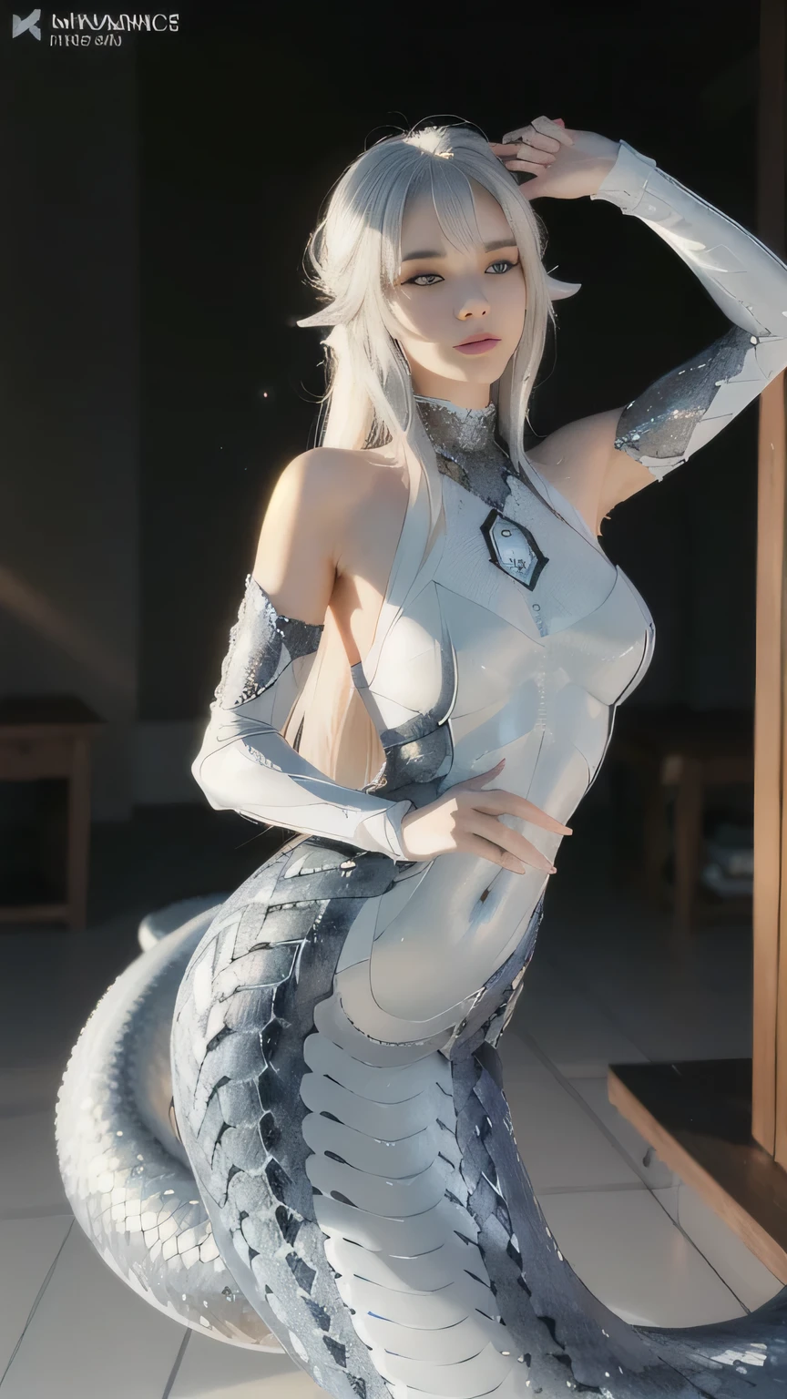 ultra-realistic picture，white colors，HD picture，sci-fy，dynamicposes，complex，A futuristic，fanciful，ellegance，cyber punk perssonage，Beautiful woman in silver armor，（Siamese latex set），chest plate，tactical gear，Sci-fi lights，Real Human，long whitr hair，The face is delicate，Skin is smooth and delicate，（middlebreast），lisseechanical prosthesiechanical snakeermaid:1.2), (Elongated snake tail:1.3)，metalictexture，Brilliant lighting，The picture is clear，Meticulous details，photorealestic，8K  UHD，RAW photo，in a panoramic view