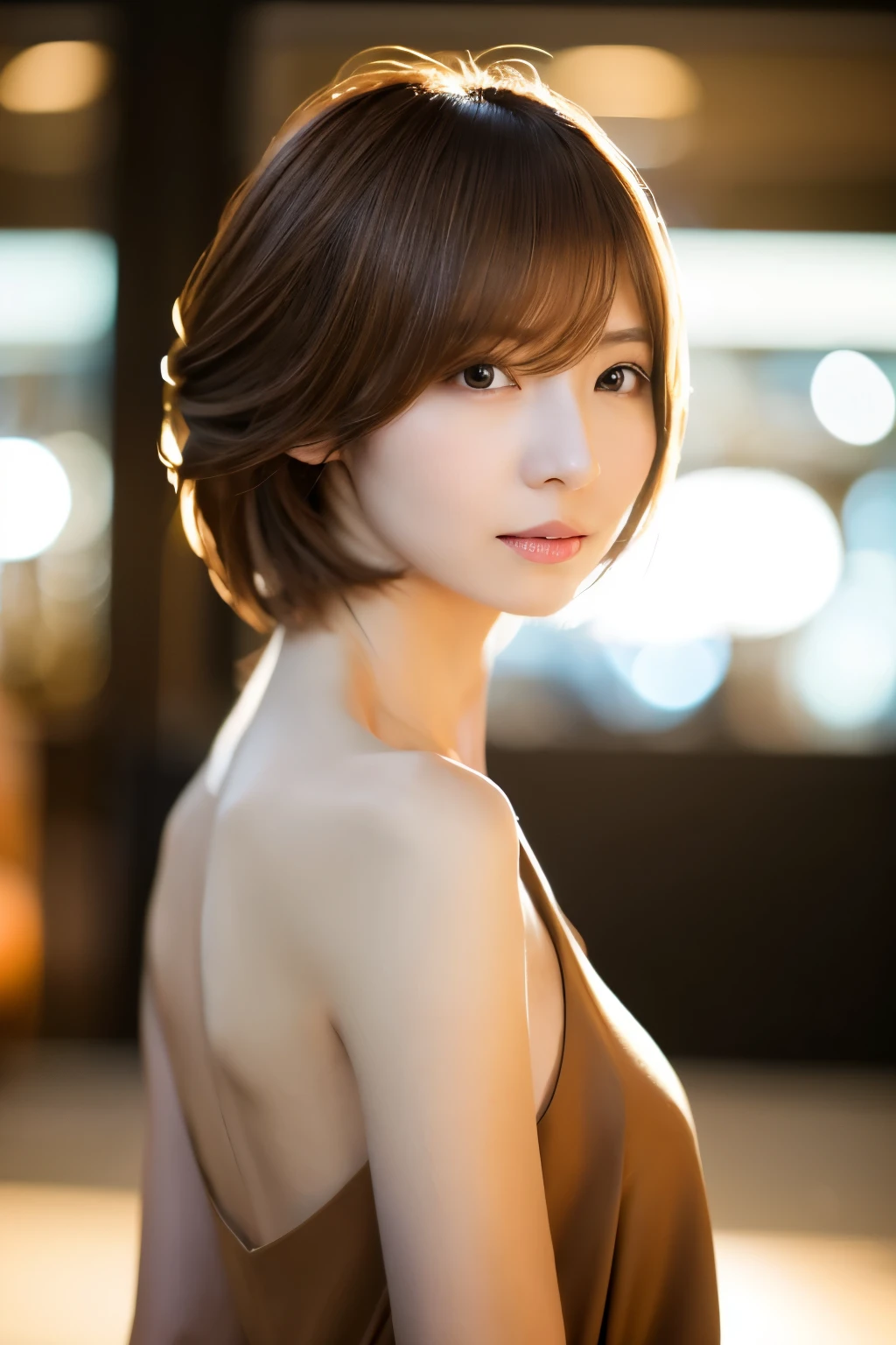 Top quality, realistic, perfect human body structure, very detailed, very delicate and beautiful, RAW photography, professional lighting, luminescence, depth of field, single focal, full body, Skinny Japanese lady, 30 years old lady, brown hair, small head, beautiful eyes, real face, realistic skin, detailed eyes, (fashionable hairstyle: 1.3),