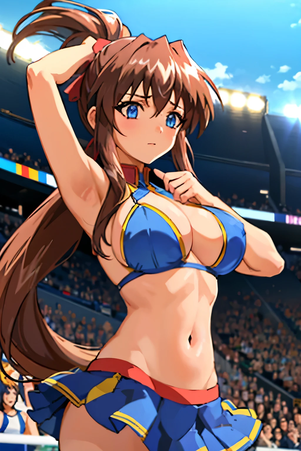 a girl dancing in the football arena, many audience on the background, blue sky, pony tail hair, blue sky, wearing the cheer girl's costume, large breasts, navel