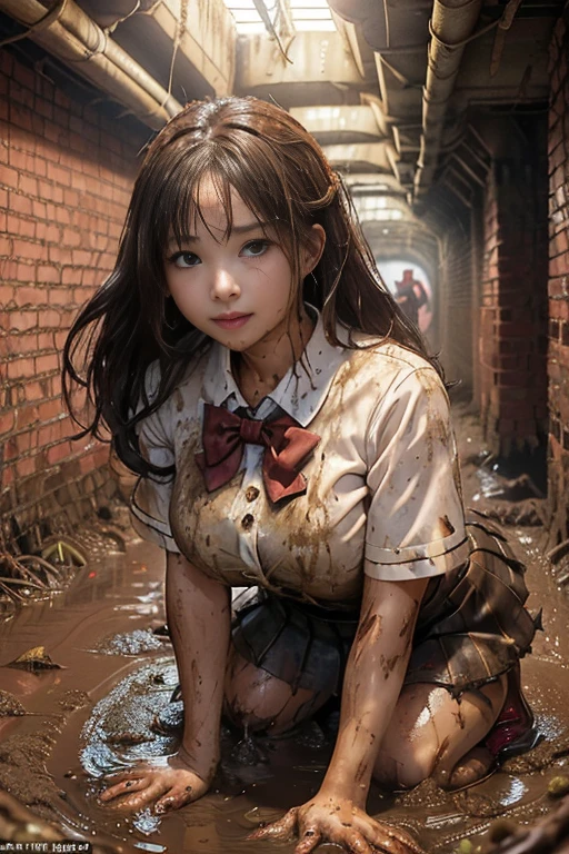 school girl uniform  , red knot , red bow , pleated skirt , dirty white Shirt , realisitic、top-quality、crisp photos、((Brick underground tunnel、Foul-smelling sewer、Littered with filth、Sewage channels full of feces、a lot of garbage and junk、The dirtiest sewer))、Bricks are covered with moss、((beautiful a girl、Constricted waist、Neat face、Most beautiful face、Elaborate face、dense dirty brown hair、Refreshing look、Pleasant look、Happy expression、Joy covered in filth、Glad to get dirty))、(school girl uniform、Tangier、blondehair)、((long and beautiful legs are dirty、Lying face down on filth、Girl with beautiful ass、Scoop out filth with both hands、Beautiful girl's hair is covered in mud、The joy of lying in dirty sewage))、(((I want to smear filth all over my body.、Your hair is muddy with a large amount of filth、full body muddy、Beautiful girl burying her face in filth、Beautiful  lying on a pile of dirty garbage、Super large amount of dirty garbage、Dirty waste)))