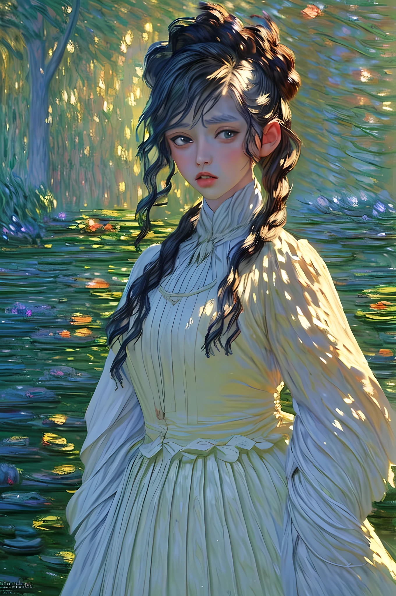 (Claude Monet Style:1.5) Claude_Monet, a picture of woman paladin of nature protecting the forest, a woman knight, black hair, long hair, full body (best details, Masterpiece, best quality :1.5), ultra detailed face (best details, Masterpiece, best quality :1.5), ultra feminine (best details, Masterpiece, best quality :1.5), black hair, long hair, braided hair, pale skin, (deep blue: 1.2) eyes, intense eyes, wearying heavy armor, white armor (best details, Masterpiece, best quality :1.5), green cloak, armed with a sword, glowing sword GlowingRunes_green, fantasy forest background, D&D art, RPG art, magical atmosphere magic-fantasy-forest, ultra best realistic, best details, best quality, 16k, [ultra detailed], masterpiece, best quality, (extremely detailed), ultra wide shot, photorealism, depth of field, hyper realistic painting