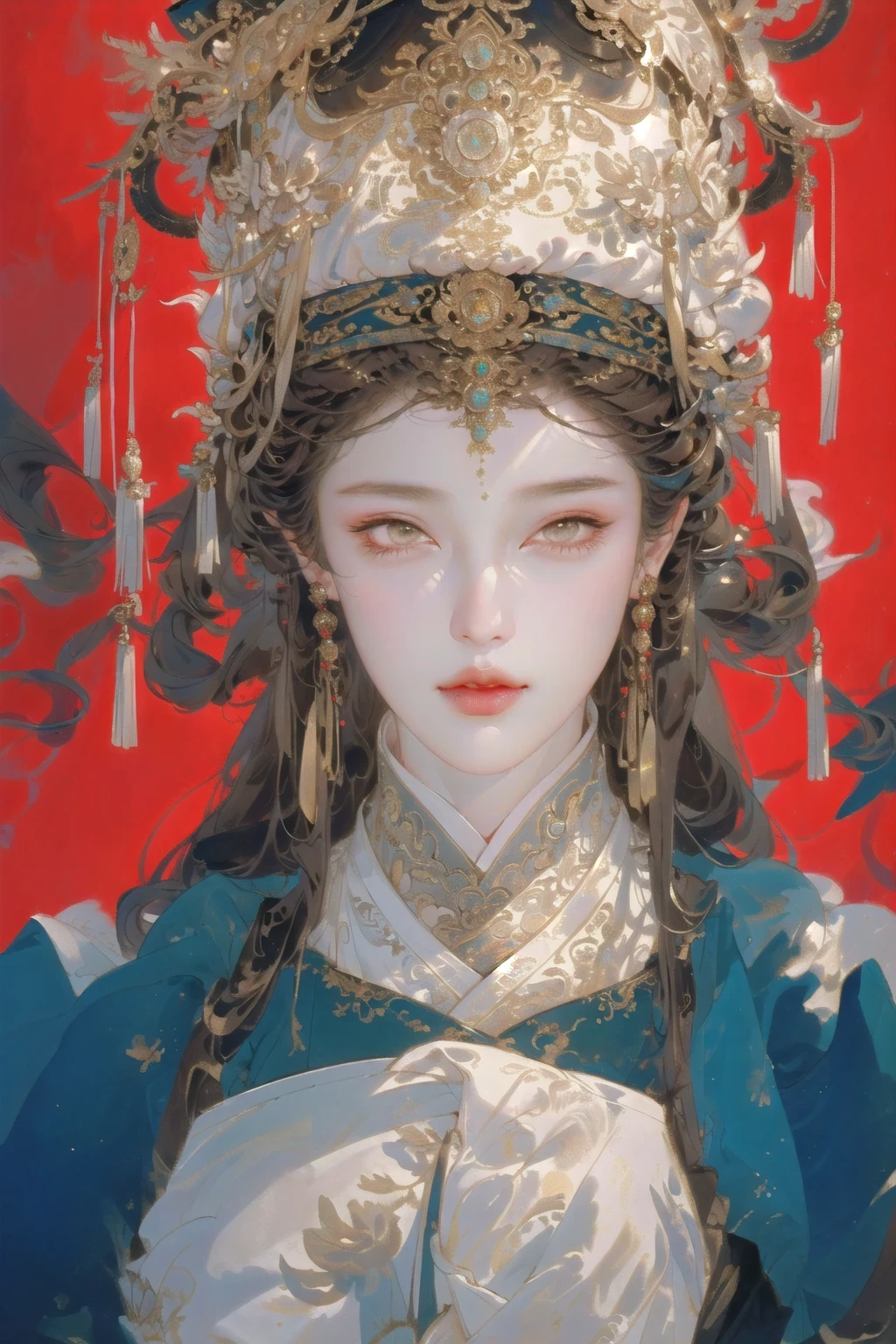Best quality,masterpiece,16K,realistic,cinematic image quality,realistic,1girl,Chinese Yi ethnic clothing,Silver metal headwear,brown eyes,earrings,hat,jewelry,Yi ethnic metal jewelry,A huge metal hat,Headwear metal tassels,Silver metal hat,lace,lace trim,lips,long hair,looking at viewer,parted lips,solo,upper body,