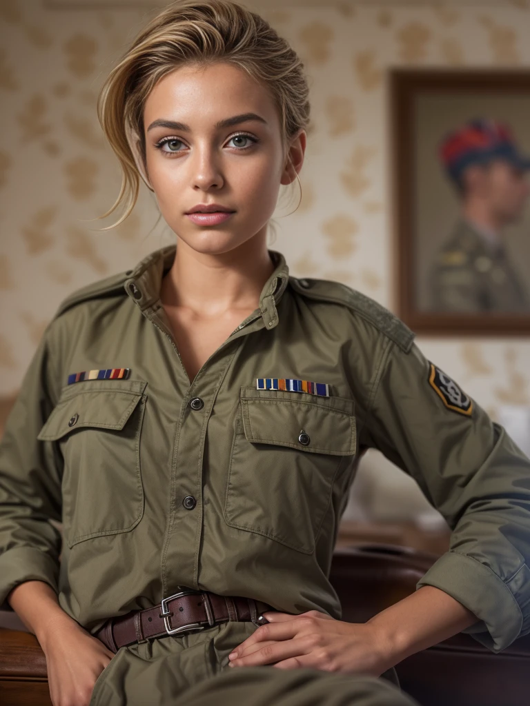 Masterpiece, a British 24 years old young female [Elizabeth II:Maude Adams:0.45] militray conscript at a British base in Northern Europe, She is wearing a British pattern camo military pants, a military kaki shirt and military shoes. She is relaxing in a military bedroom.  she has a beautiful and relaxed face. She has short blonde hair in a ponytail with grey-blue eyes. her skin is pale. relaxed pose, happy expression, relaxing, slightly seductive? sergey zabelin, in a soldier uniform, 16K, ultra high resolution photorealistic, UHD, RAW