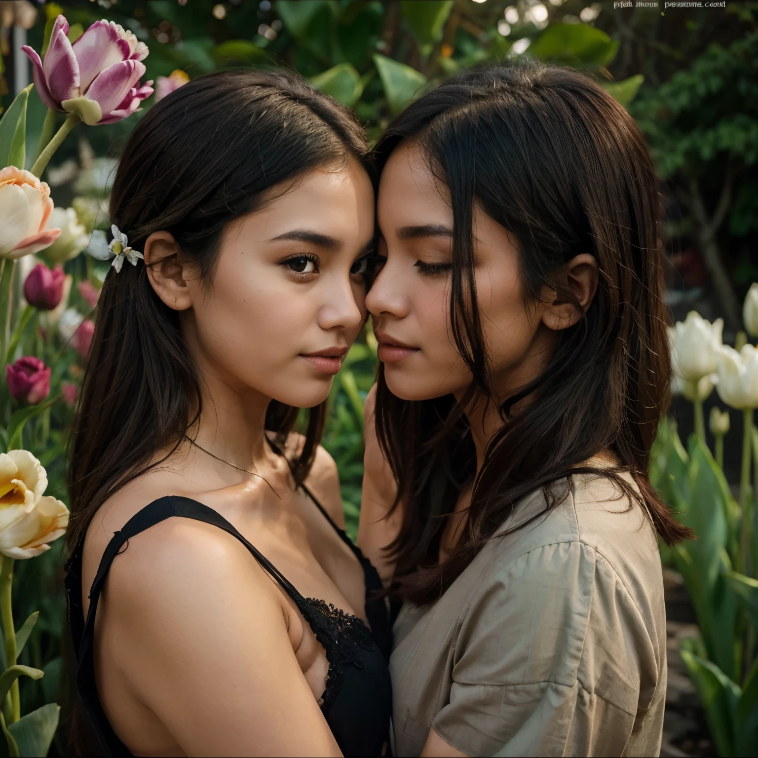 Romance relationship between a old man handsome brown hair green eyee with young woman black hair from indonesia. they kiss each other between tulipe flower lush