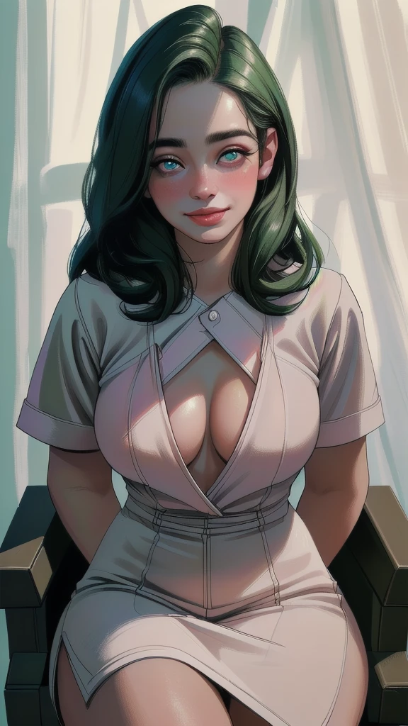 (best quality,4k,8k,highres,masterpiece:1.2),ultra-detailed,(realistic,photorealistic,photo-realistic:1.37),green nurse costume,beautiful detailed eyes,beautiful detailed lips,extremely detailed eyes and face,longeyelashes,friendly smile,thick body,sit on chair,soft lighting,traditional oil painting style,vivid colors,soft pastel color palette