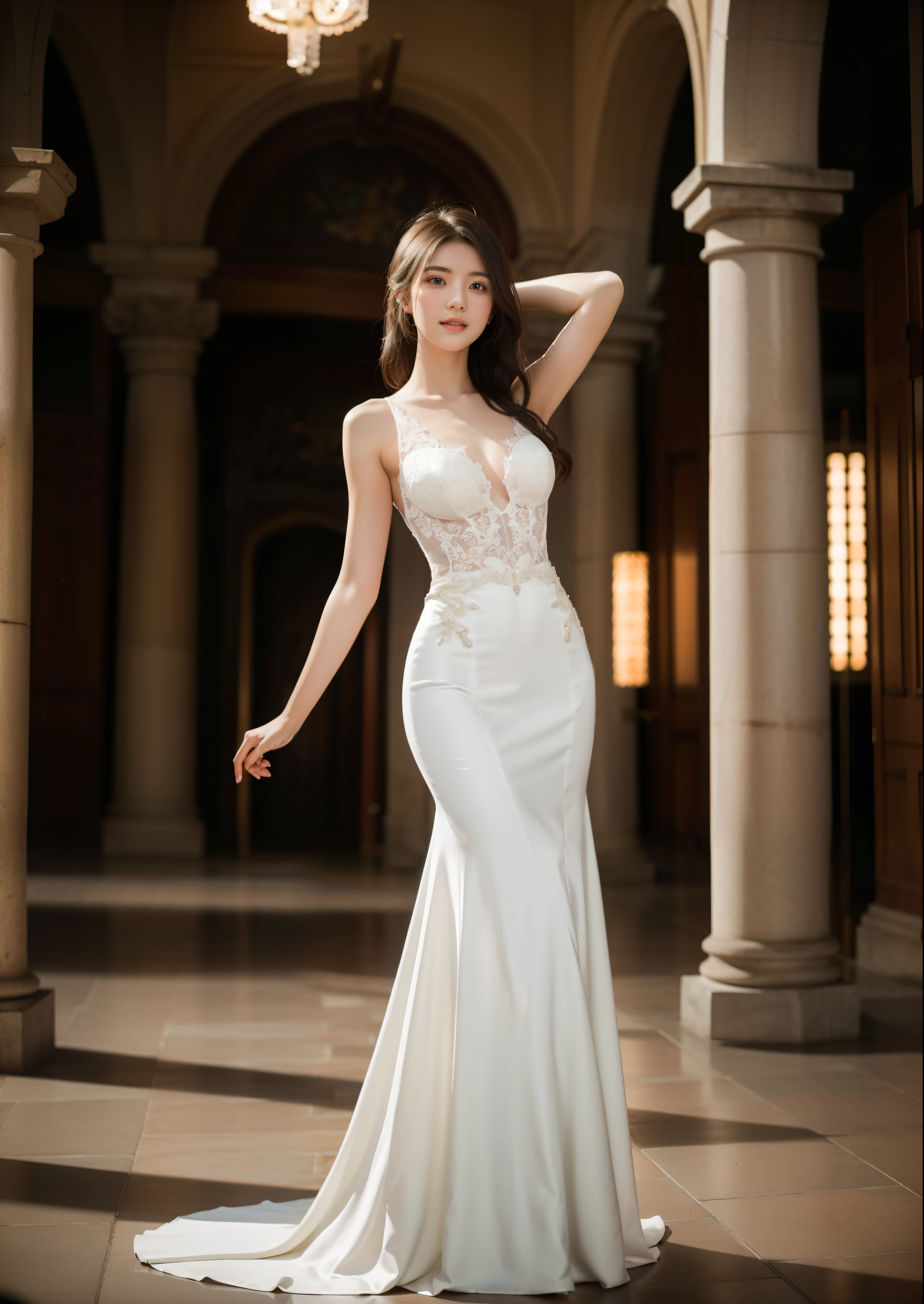 Beautiful 20 year old woman。She is wearing a wedding dress. She stretches her a arm like a ballet.. She is smiling on illuminated by the evening church lights . romantic sunset. her dark brown hair. High resolution、masterpiece、highest quality、頭w:1.0、((Hasselblad Photos))、fine skin、(movie lighting)、clavicle . full body picture.