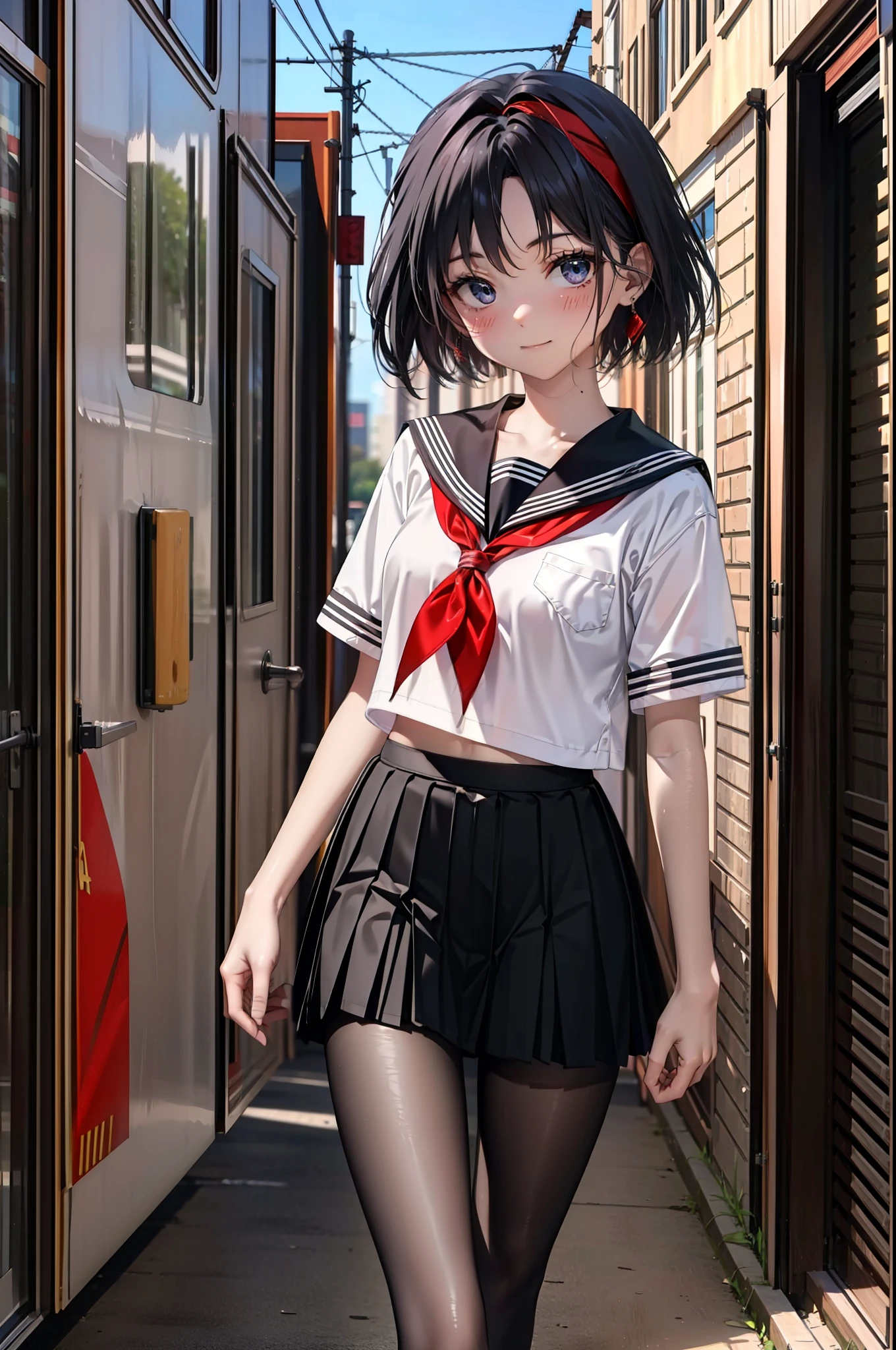 yuukikonno, Yuki Konno,Black Hair,short hair,Bob Hair ,Green headband,(iris:1.5), (Small breasts:1.2), smile,Japanese schoolgirl(Black Sailor Suit),Short sleeve,Black pleated skirt,Black pantyhose,Brown Loafers,whole bodyがイラストに入るように,walk,
break outdoors,  city,construction area,
break looking at viewer, whole body,
break (masterpiece:1.2), highest quality, High resolution, unity 8k wallpaper, (shape:0.8), (Beautiful details:1.6), Highly detailed face, Perfect lighting, Extremely detailed CG, (Perfect hands, Perfect Anatomy),